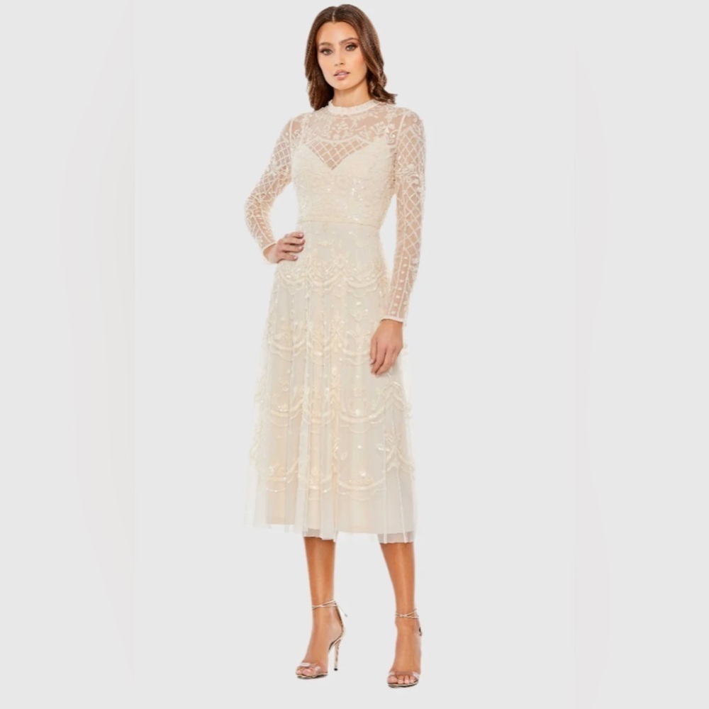 NWT | Mac Duggal Nude Sequined High Neck Long Sleeve Midi Dress Size 16